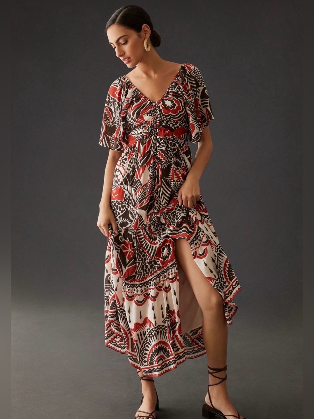 Anthropologie Tiered tribal Rust, Black & Cream Printed V-Neck Maxi Dress